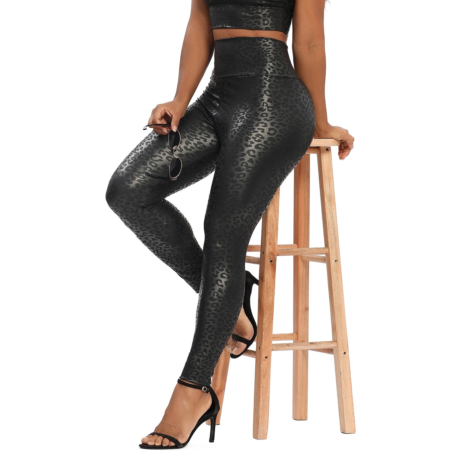 Leather Fitness Leggings Leopard Print